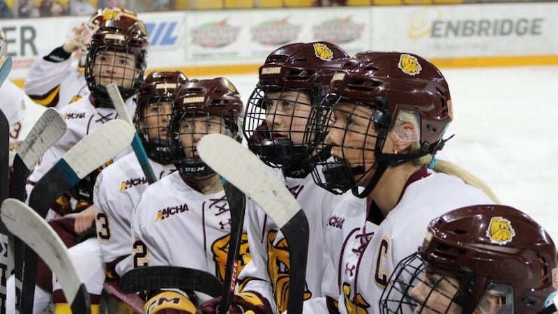 UMD Womens Hockey gathers at the benches during game against Bemidji State.