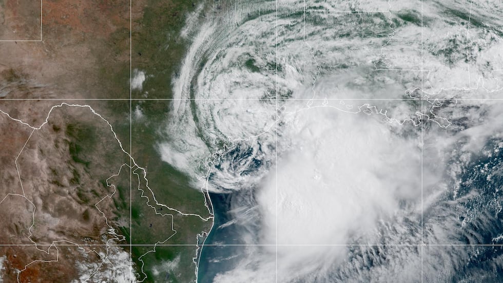 This GOES-19 GeoColor satellite image provided by NOAA shows Tropical Storm Arthur along the...