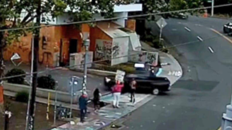 A protester appeared to fall after a pickup truck drove into the driveway of the U.S....