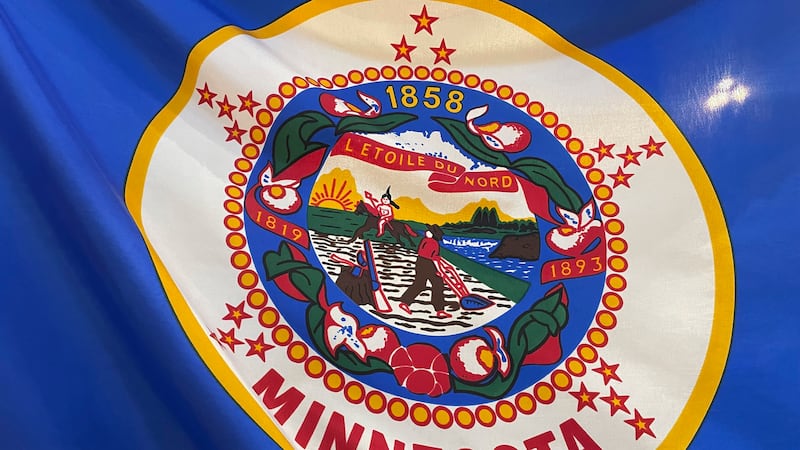 The Minnesota state flag is seen as displayed in the State Capitol building rotunda on...