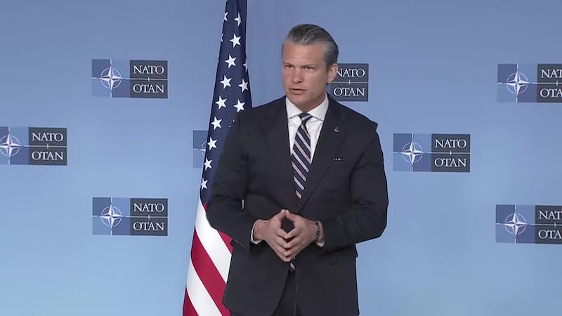 Secretary of Defense Pete Hegseth delivers remarks alongside the NATO Secretary General....
